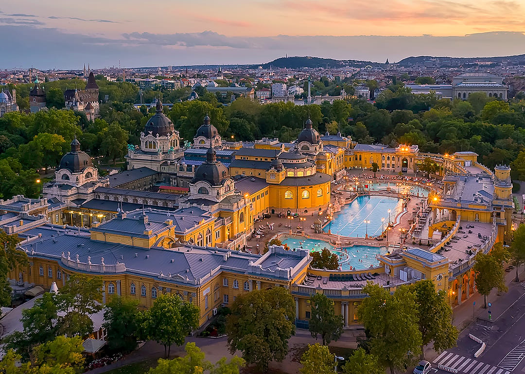 Aerial view of thermal bath in Budapest at sunset.