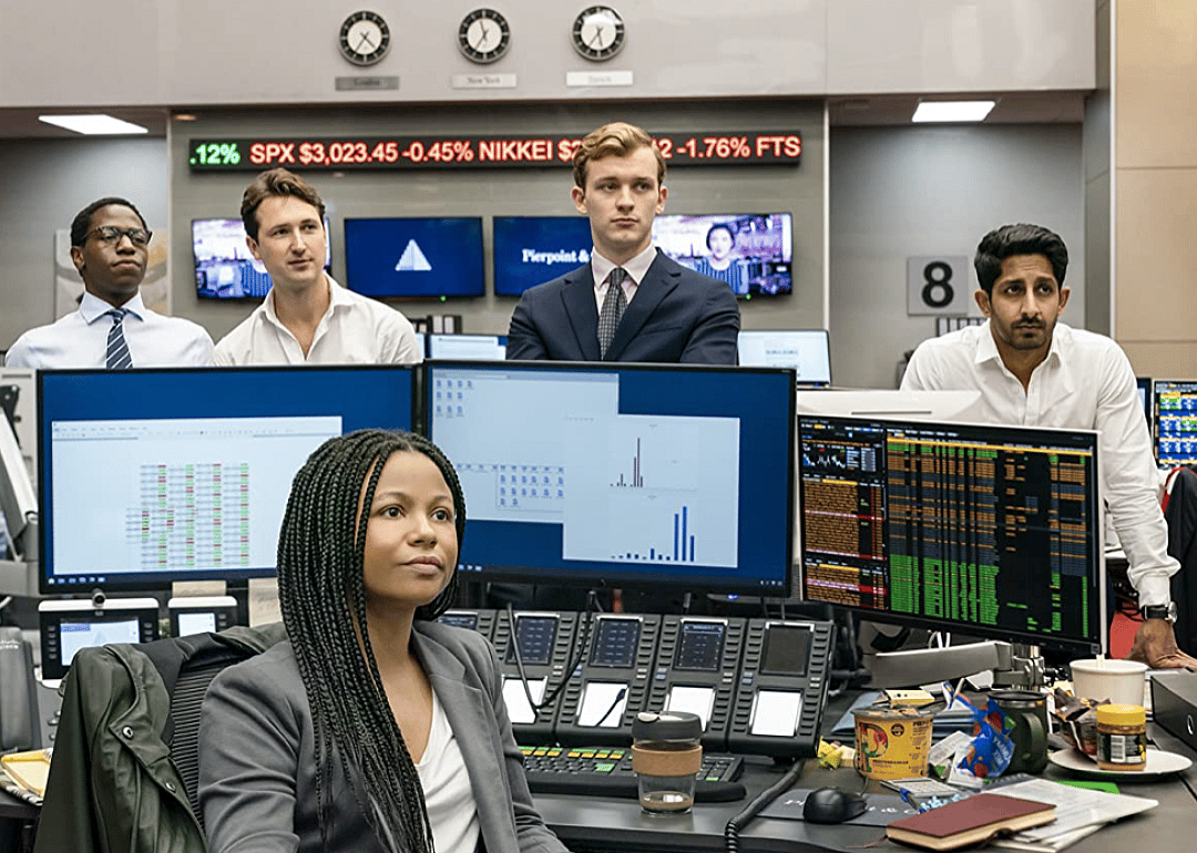 Sagar Radia, Ben Lloyd-Hughes, Harry Lawtey, David Jonsson, and Myha'la Herrold in an episode of Industry.