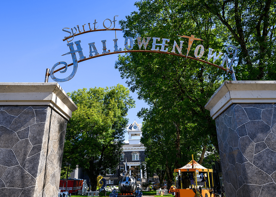 Halloween decorations in front of the old courthouse in St. Helens.