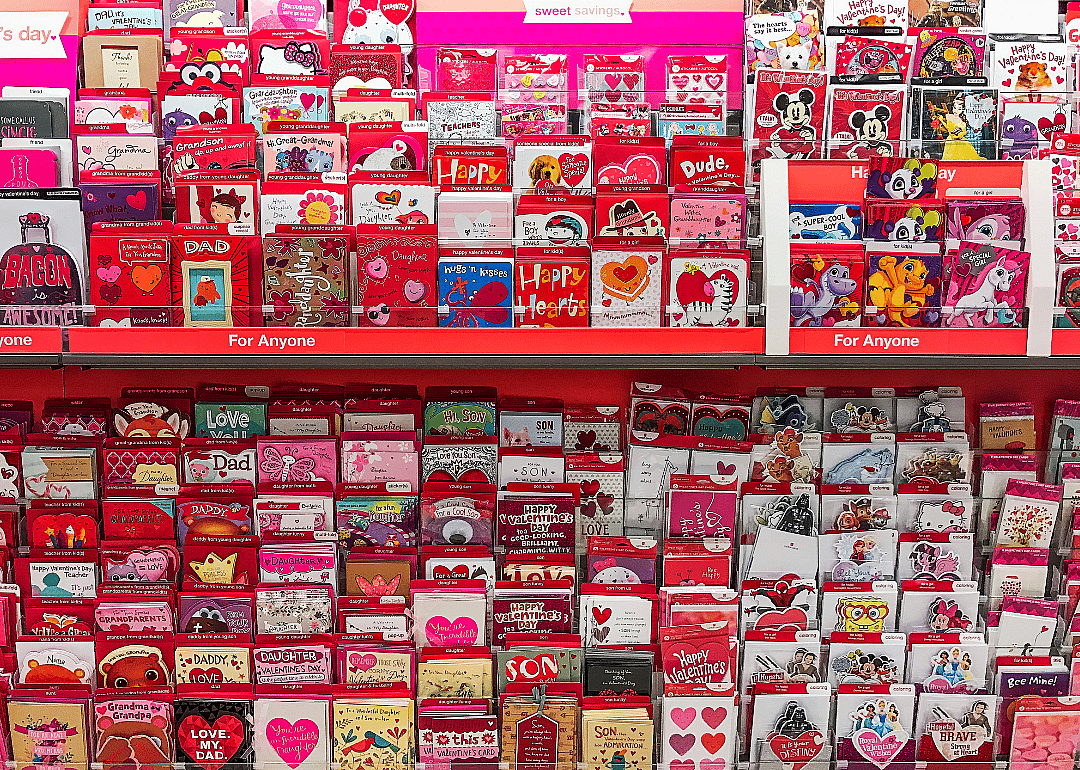 Rack of Valentine cards in a greeting card shop.