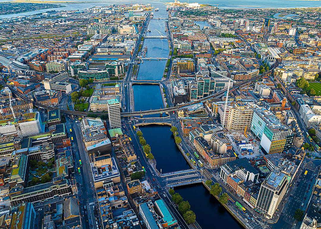 Aerial view of Dublin and River Liffey in summer.