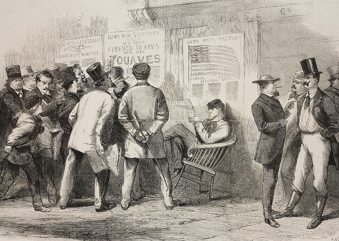 Illustration depicting men reading enlistment posters in New York.