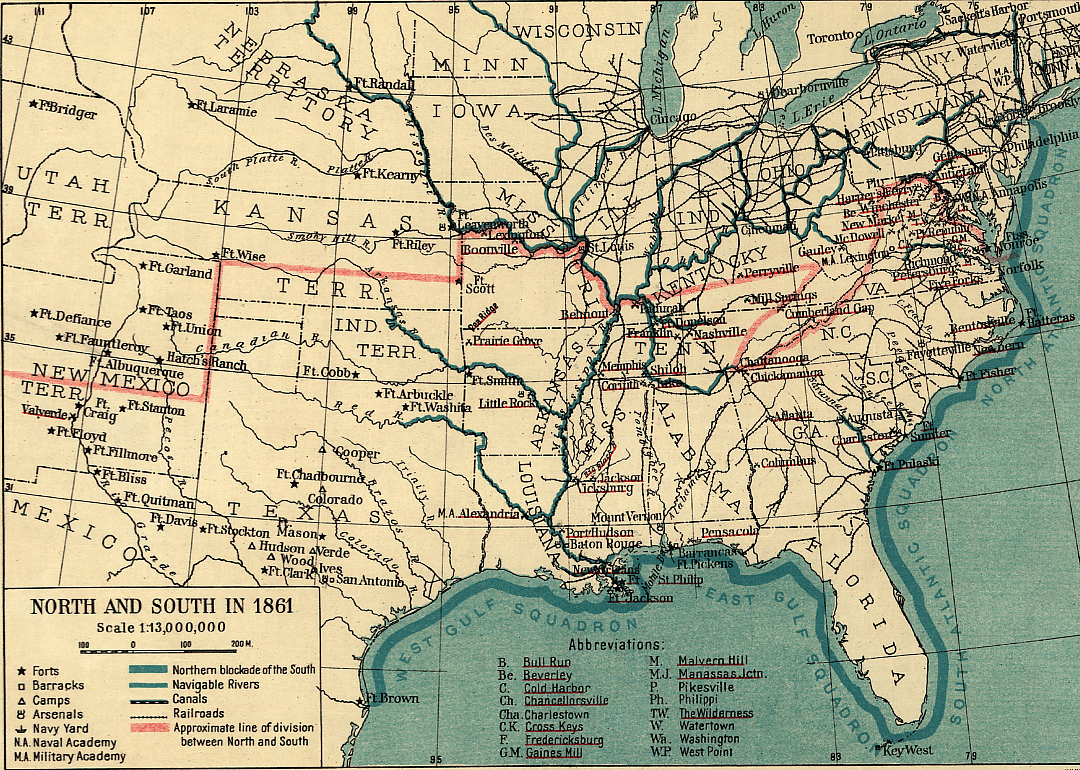 Map of North and South States in 1861.