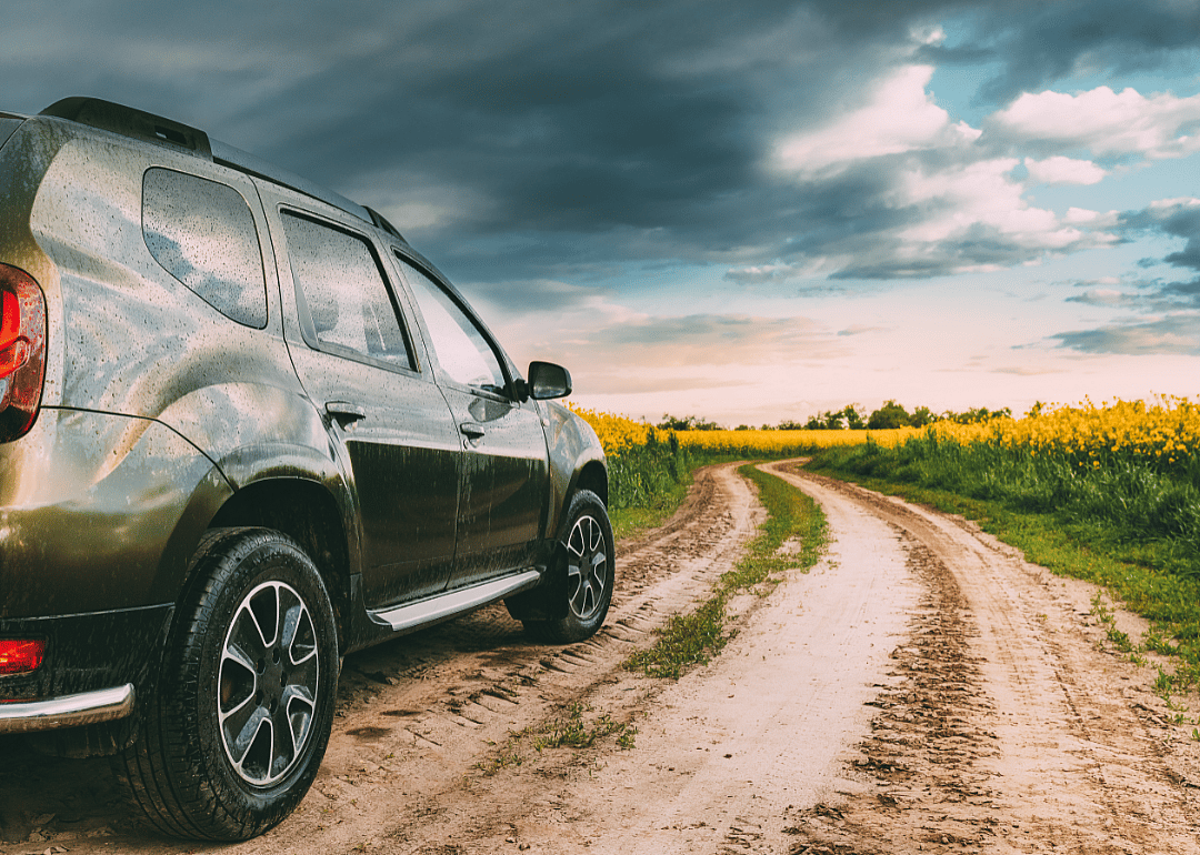 A green SUV on a country road.