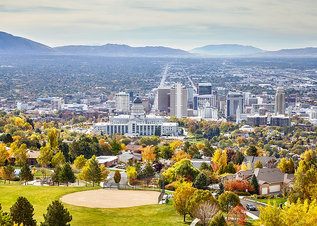 Aerial view of the Salt Lake City downtown in autumn.