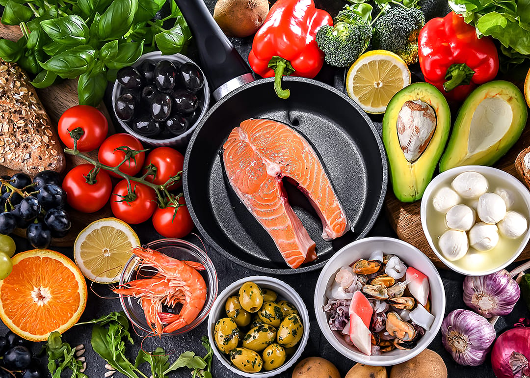 Selection of foods from a Mediterranean diet.