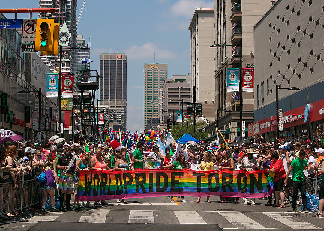 More than 50,000 people line Yonge Street in downtown to view the World Pride Parade.