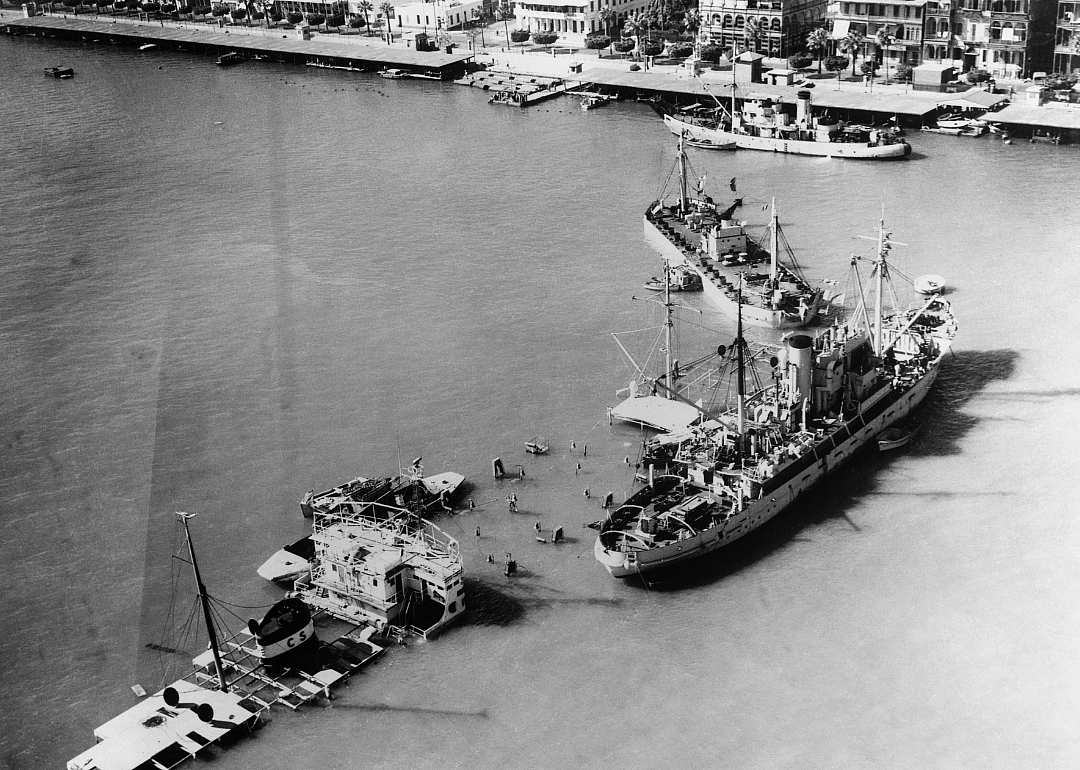 Ships blocking the entrance to the Suez Canal at Port Said.