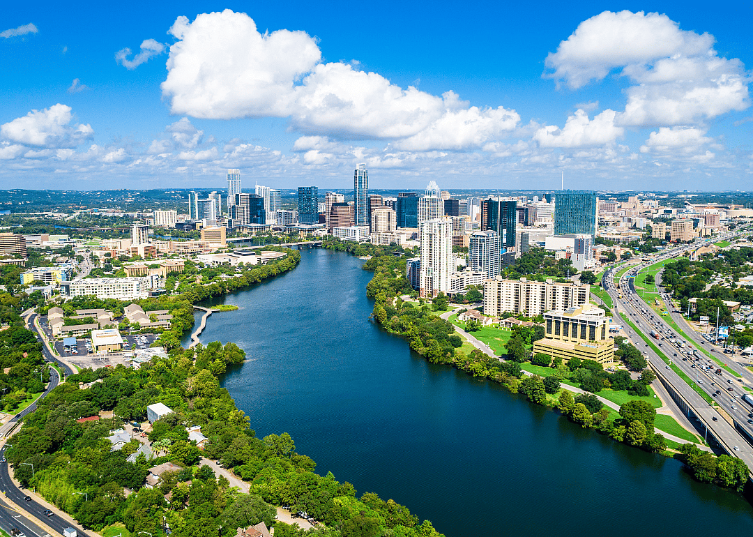 Aerial view of Austin and river.