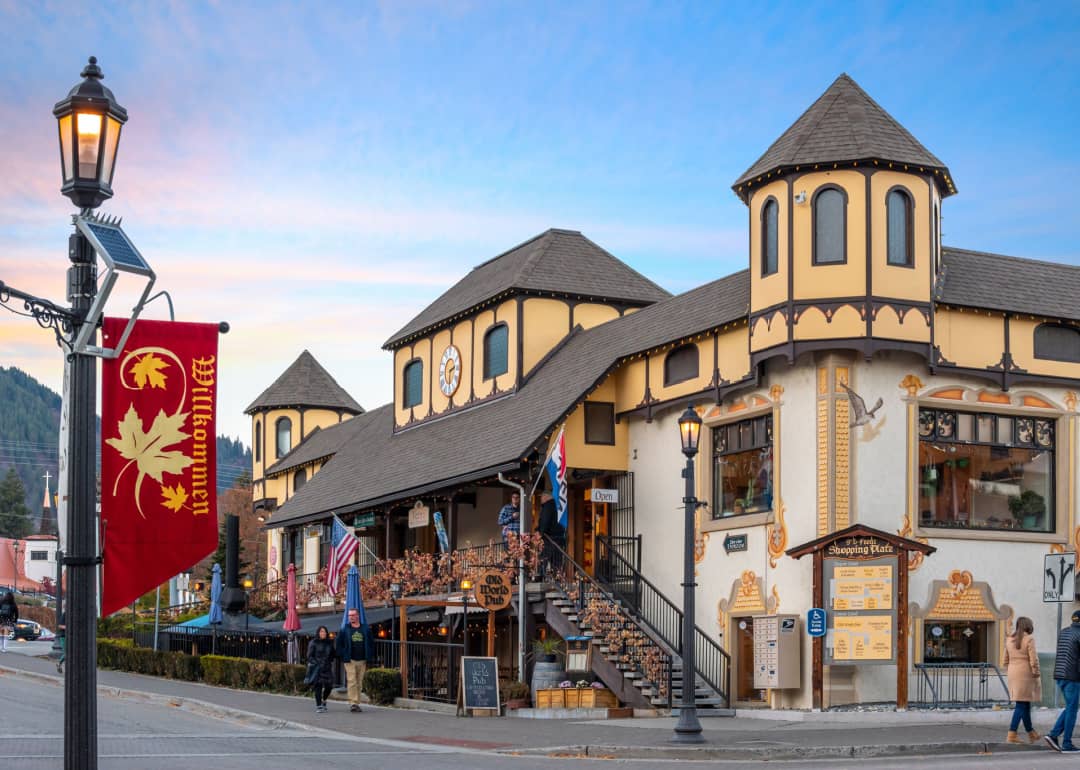 Willkommen welcome banner flag in the Bavarian themed village of Leavenworth, Washington