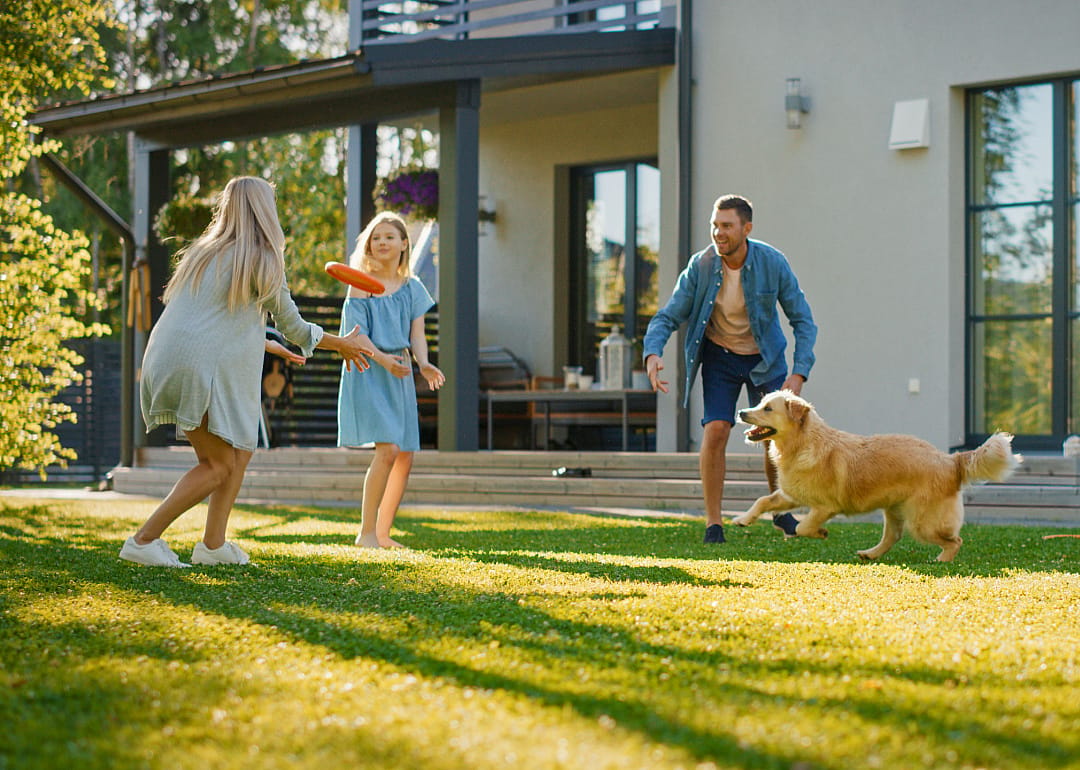 Family playing fetch with dog in backyard.