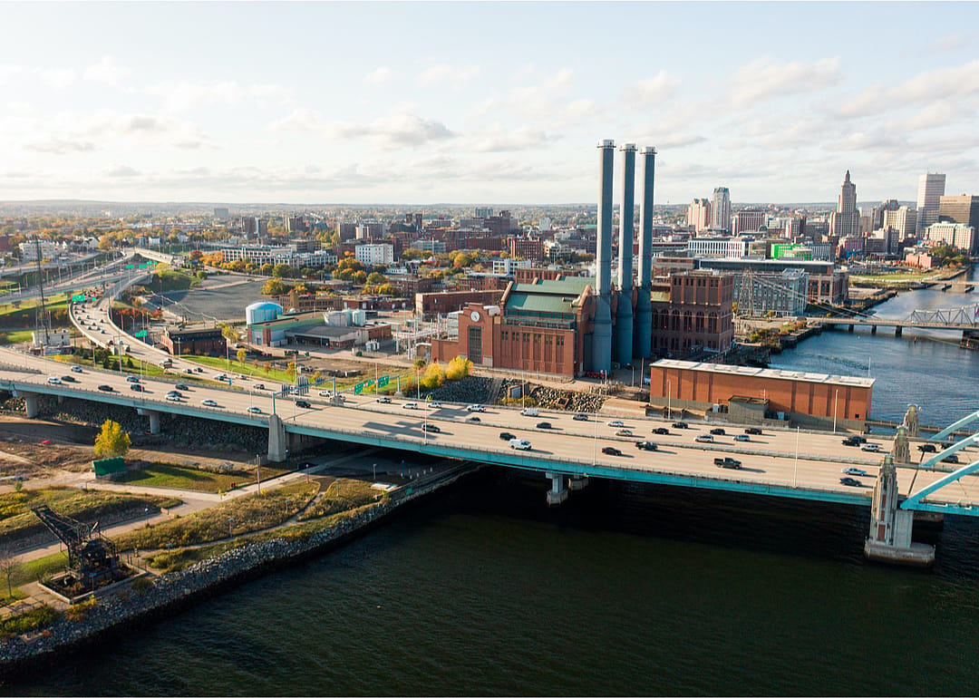 The Manchester Street Power Station smokestacks and Providence skyline.