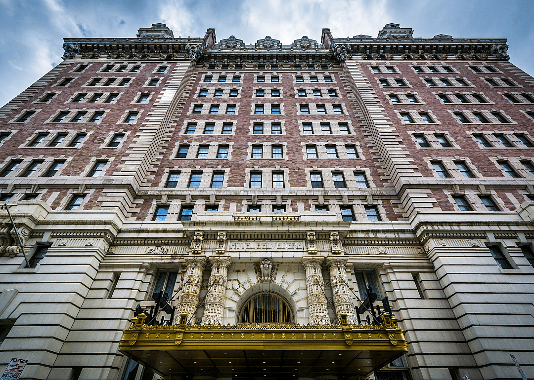 Low angled view of large historic hotel.