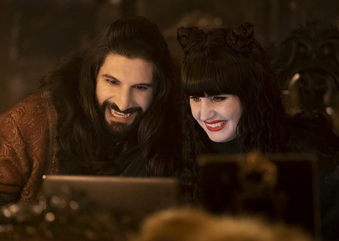 Kayvan Novak and Natasia Demetriou in What We Do in the Shadows.