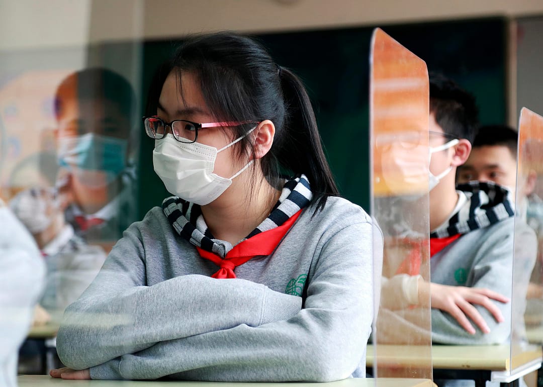 Hats in Chinese school uniforms keep kids distanced