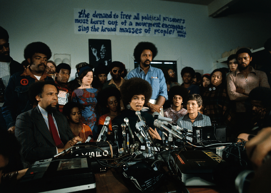 Angela Davis speaks at a news conference.