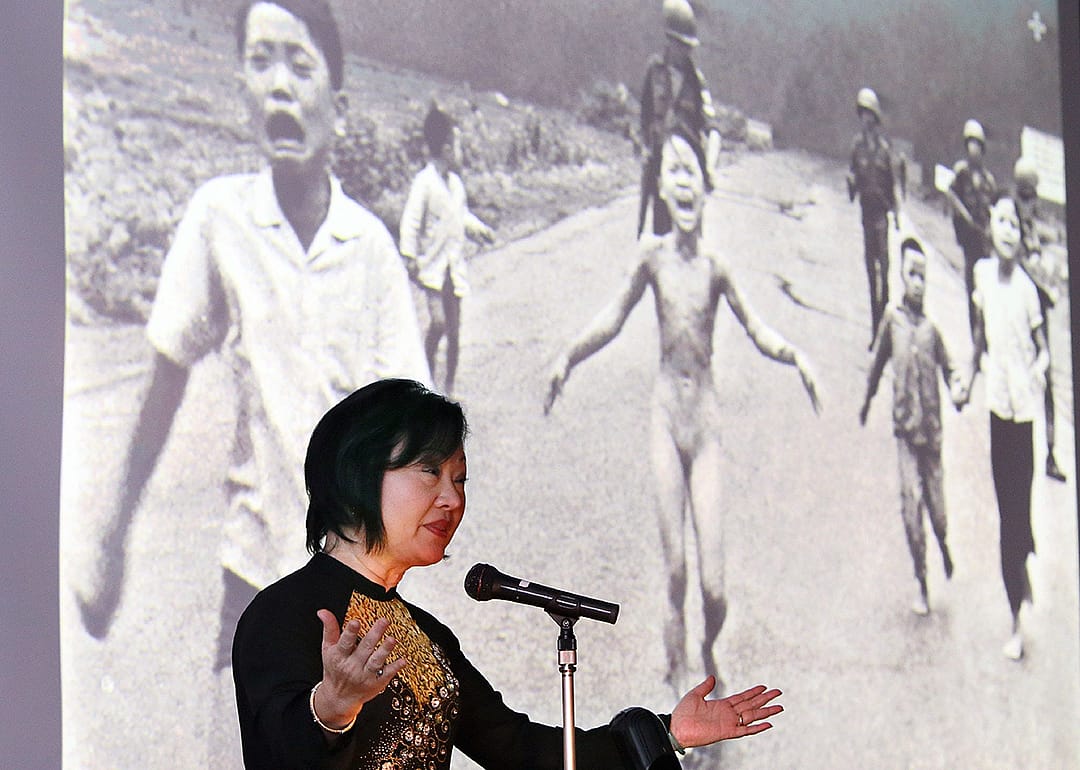 Phan Thi Kim Phuc delivers her speech before her June 8, 1972 Pulitzer-Prize-winning photograph during the Vietnam war, during a lecture.