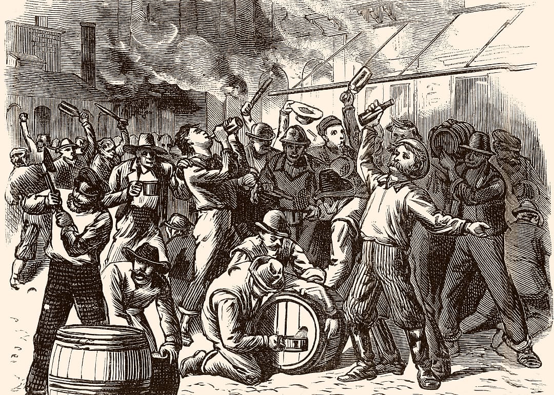 An illustration of rioters distributing stolen whisky.
