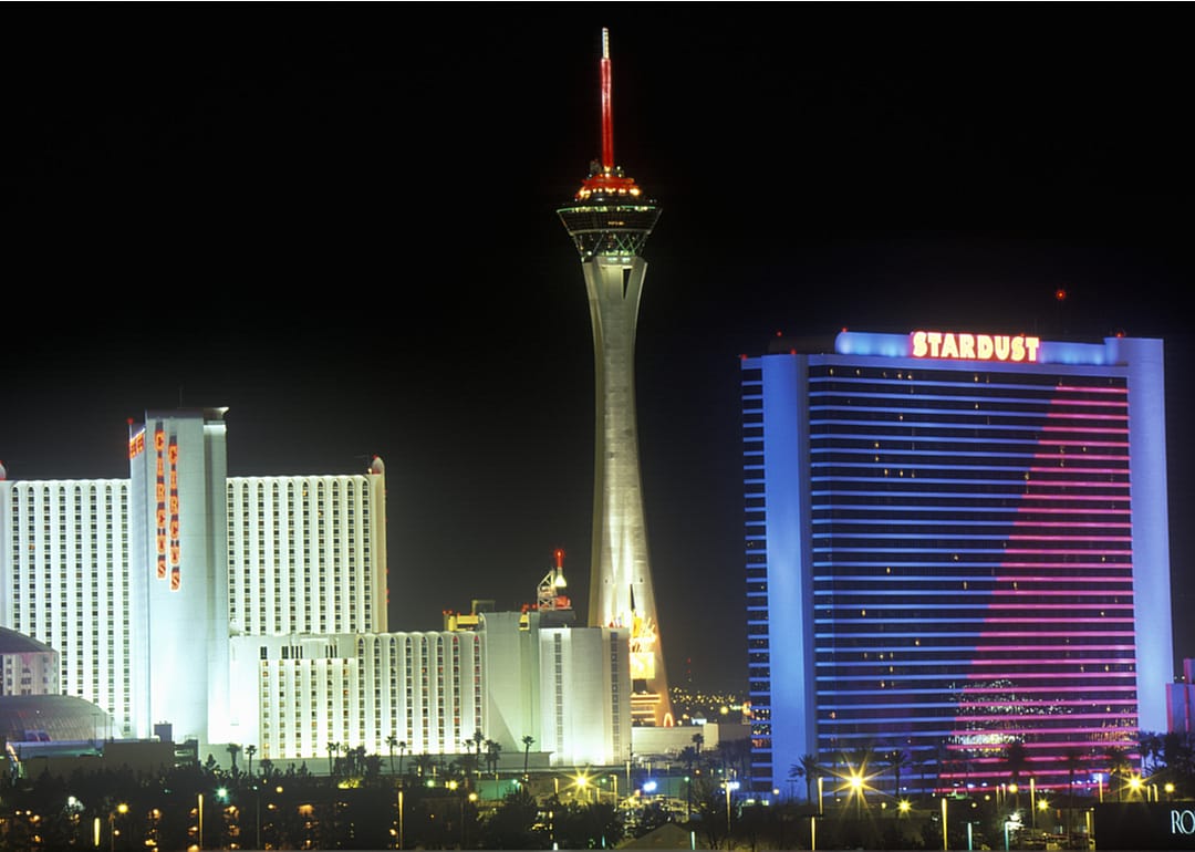 A view of the Vegas skyline including the Stardust and Stratosphere hotels.
