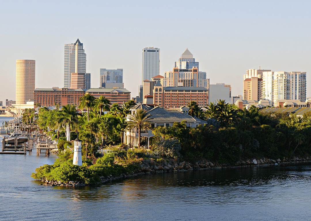 Homes on the water with downtown in the background.
