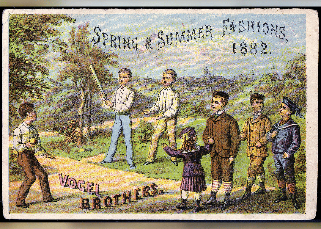 Baseball lithographed trade card to promote clothiers showing kids dressed nicely, playing and watching baseball.