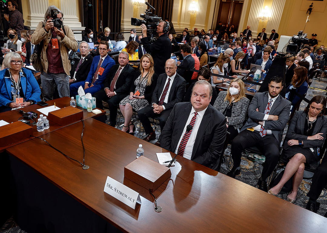 Chris Stirewalt, former Fox political editor, takes his seat at the start of the second hearing by the Select Committee to Investigate the January 6th Attack on the U.S. Capitol in the Cannon House Office Building on June 13, 2022 in Washington, DC.