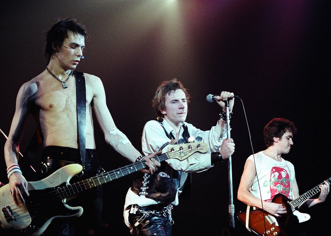 Sid Vicious, Johnny Rotten and Steve Jones of The Sex Pistols perform live at The Winterland Ballroom in 1978 in San Francisco, California. 