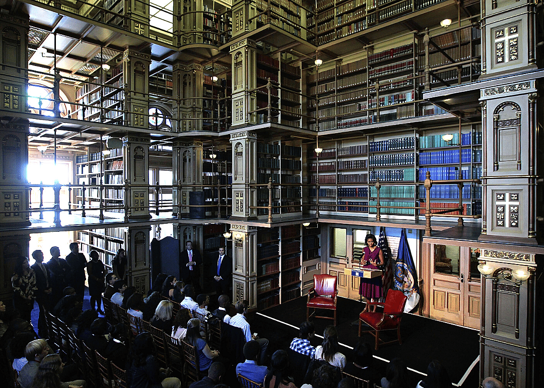 Michelle Obama speaks to students at the Riggs Library of Georgetown University