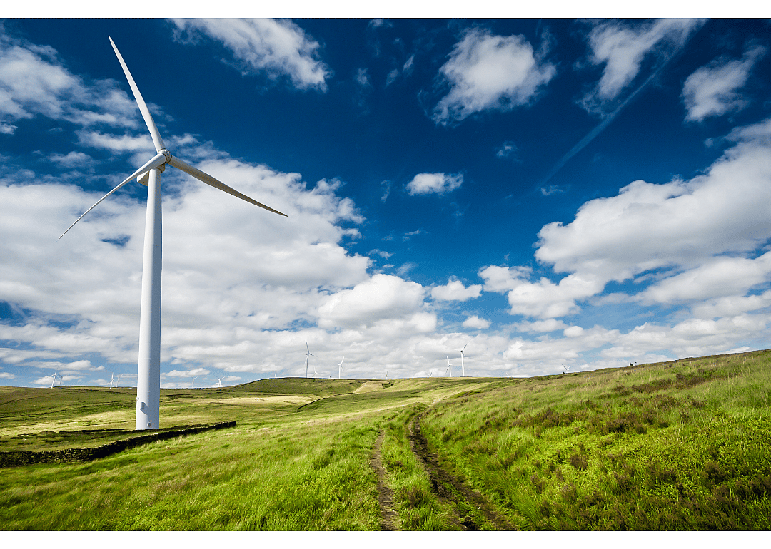 A white wind-powered turbine standing in a green field seen against a blue sky.