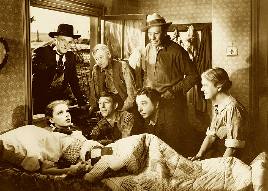Judy Garland awakens for her dream in "The Wizard of Oz."