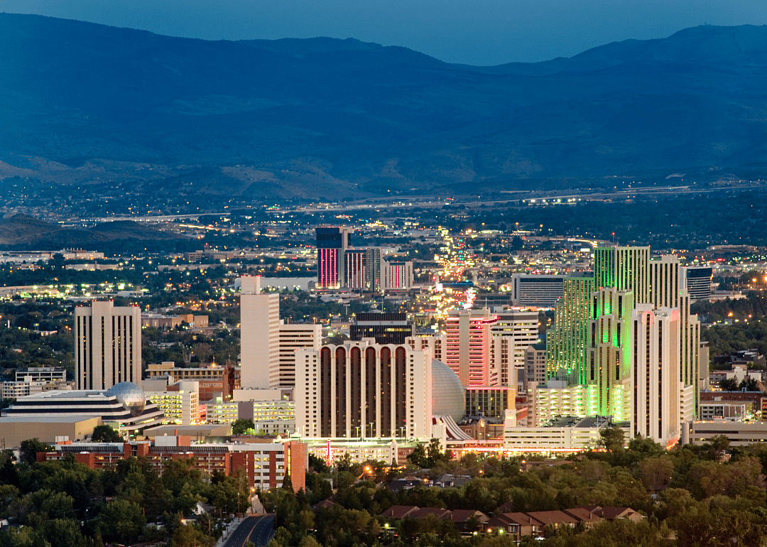 Cityscape of Reno, Nevada at dusk.