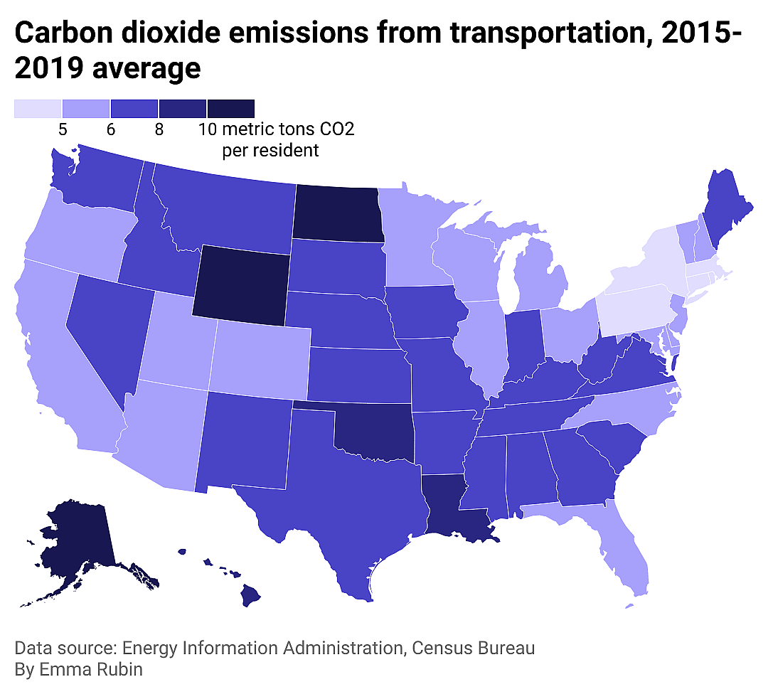 Map of U.S. states with transportation emissions per capita.