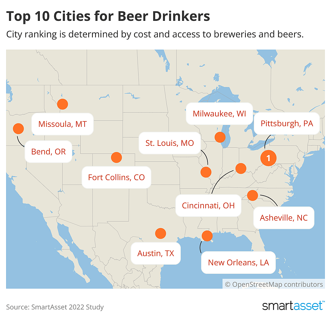 A map of the United States showing the top ten cities for beer drinkers.