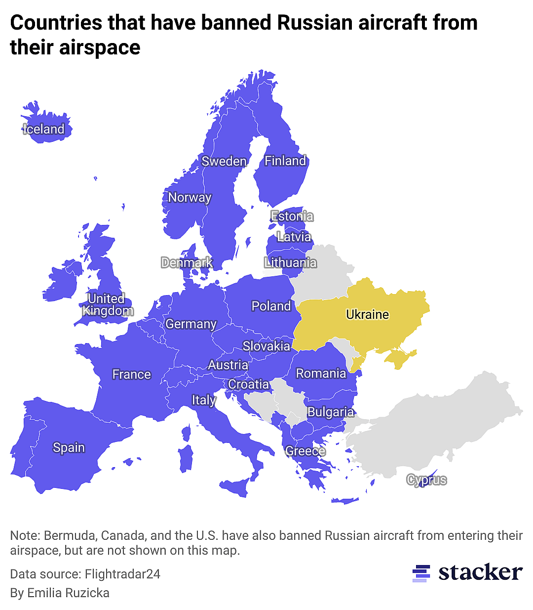 A map showing which European countries have banned Russian flights from their airspace.