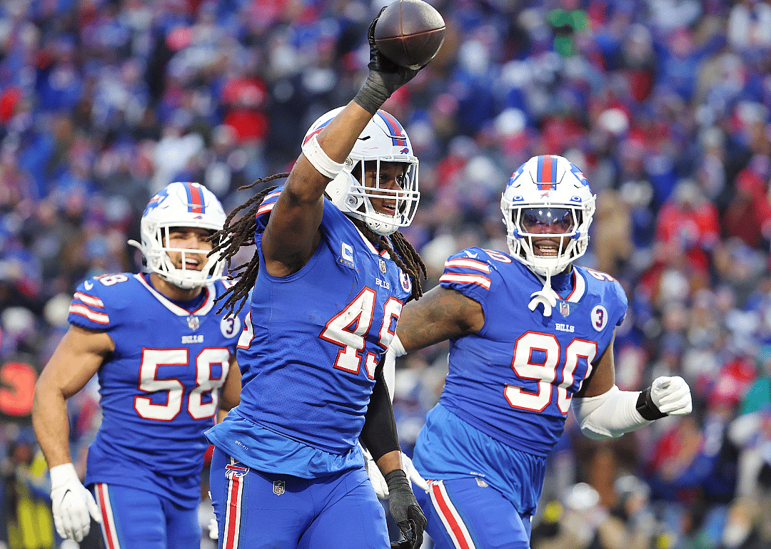 Tremaine Edmunds #49 of the Buffalo Bills celebrates after an interception during a game against the New England Patriots at Highmark Stadium on January 08, 2023.