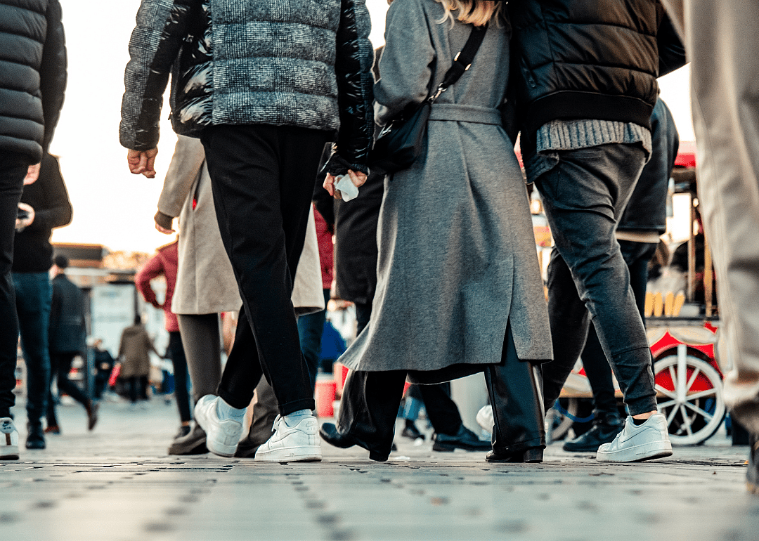 Legs of people walking away from the camera on a city street.