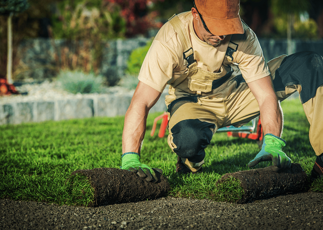 A landscaper lays down sod in a garden.