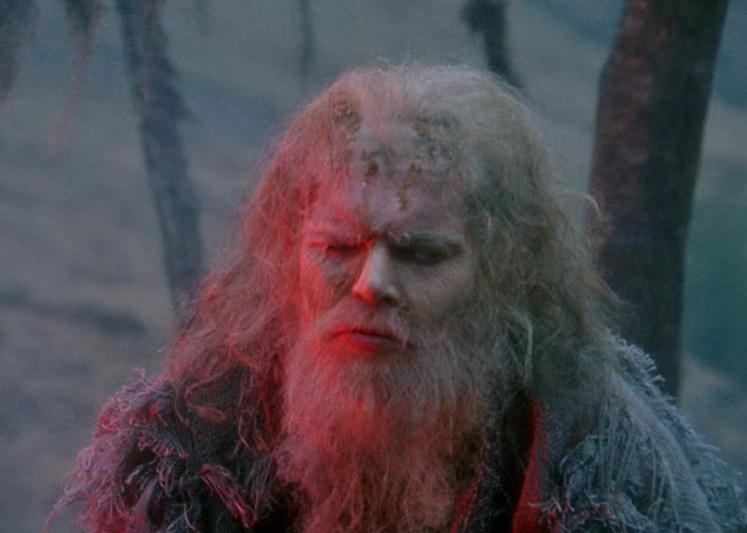 The blind bridgekeeper with long hair.