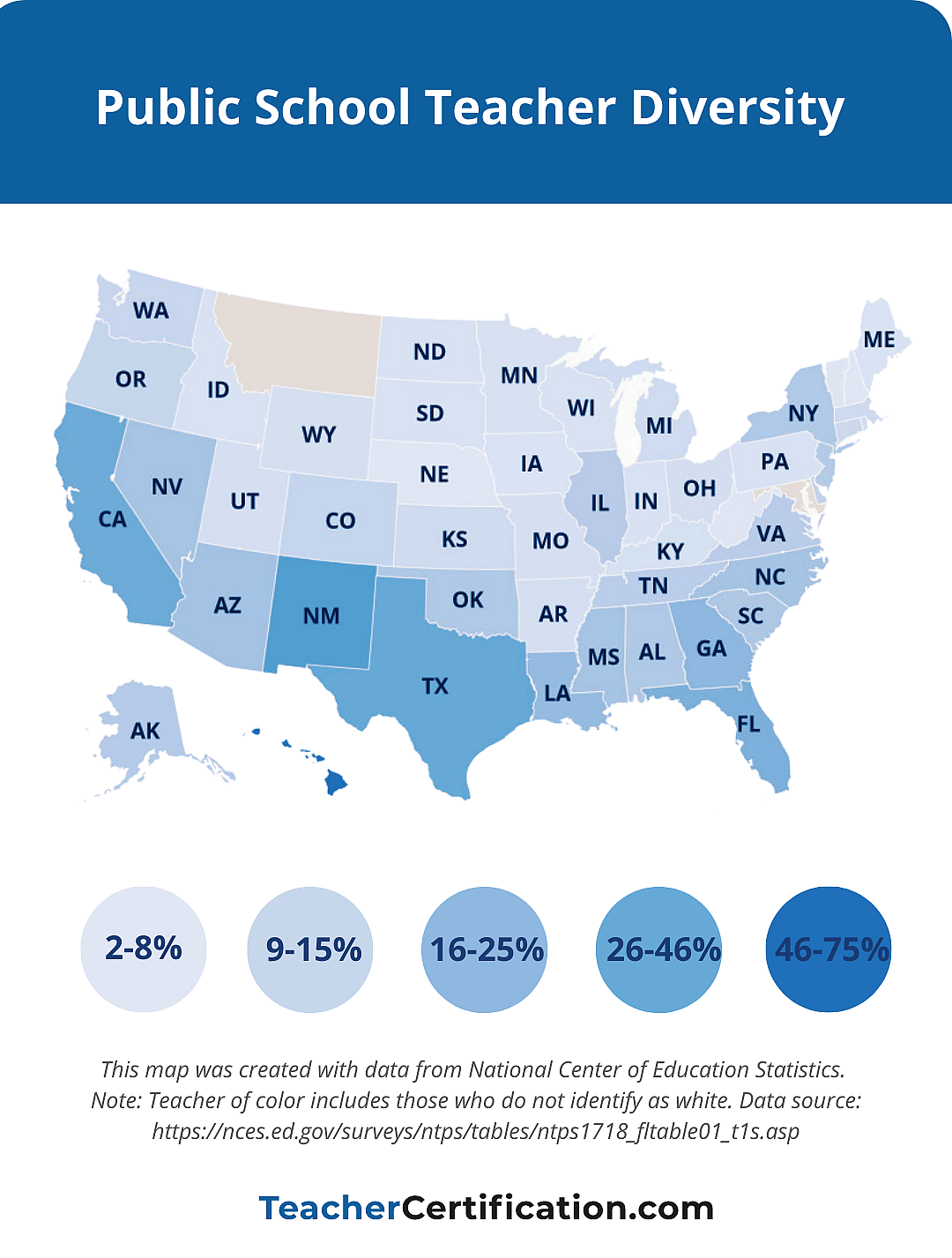 A map showing states shaded in different colors depending on how diverse their public-school teaching staffs are.