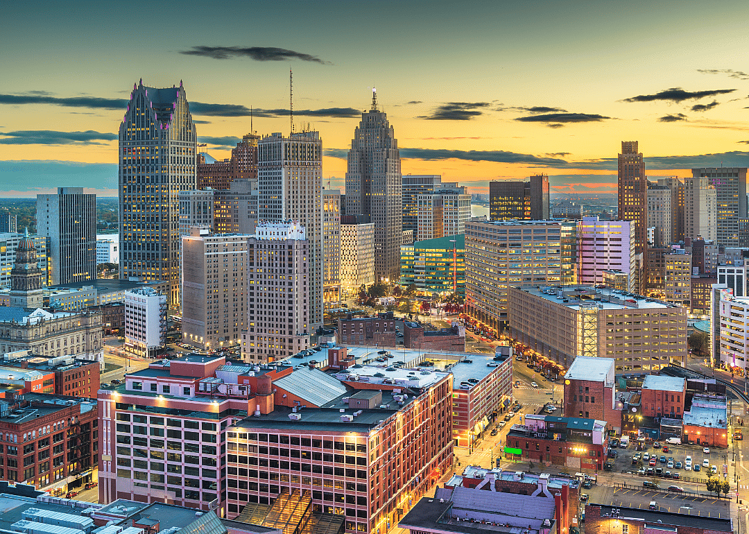 An aerial view of Detroit at dusk.