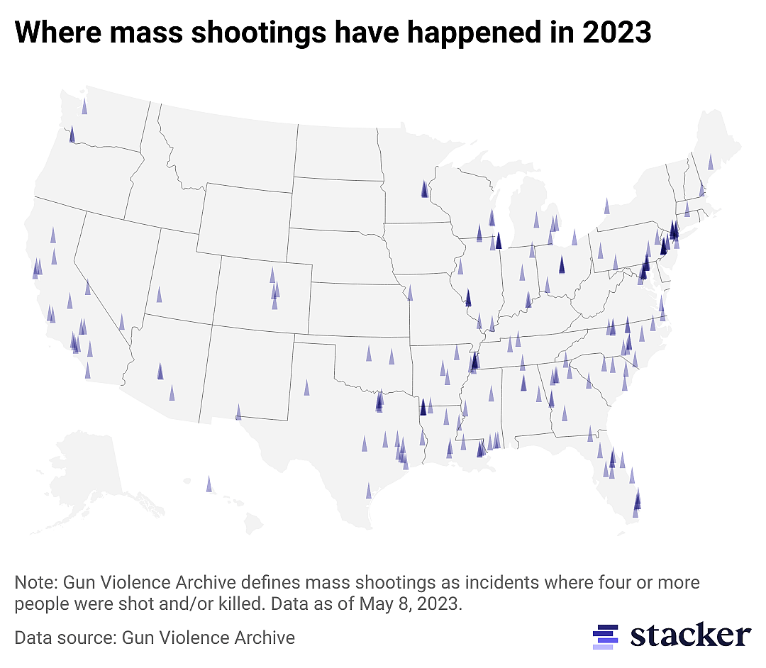 Pale gray map with purple triangular markers showing the locations of all mass shootings in 2023