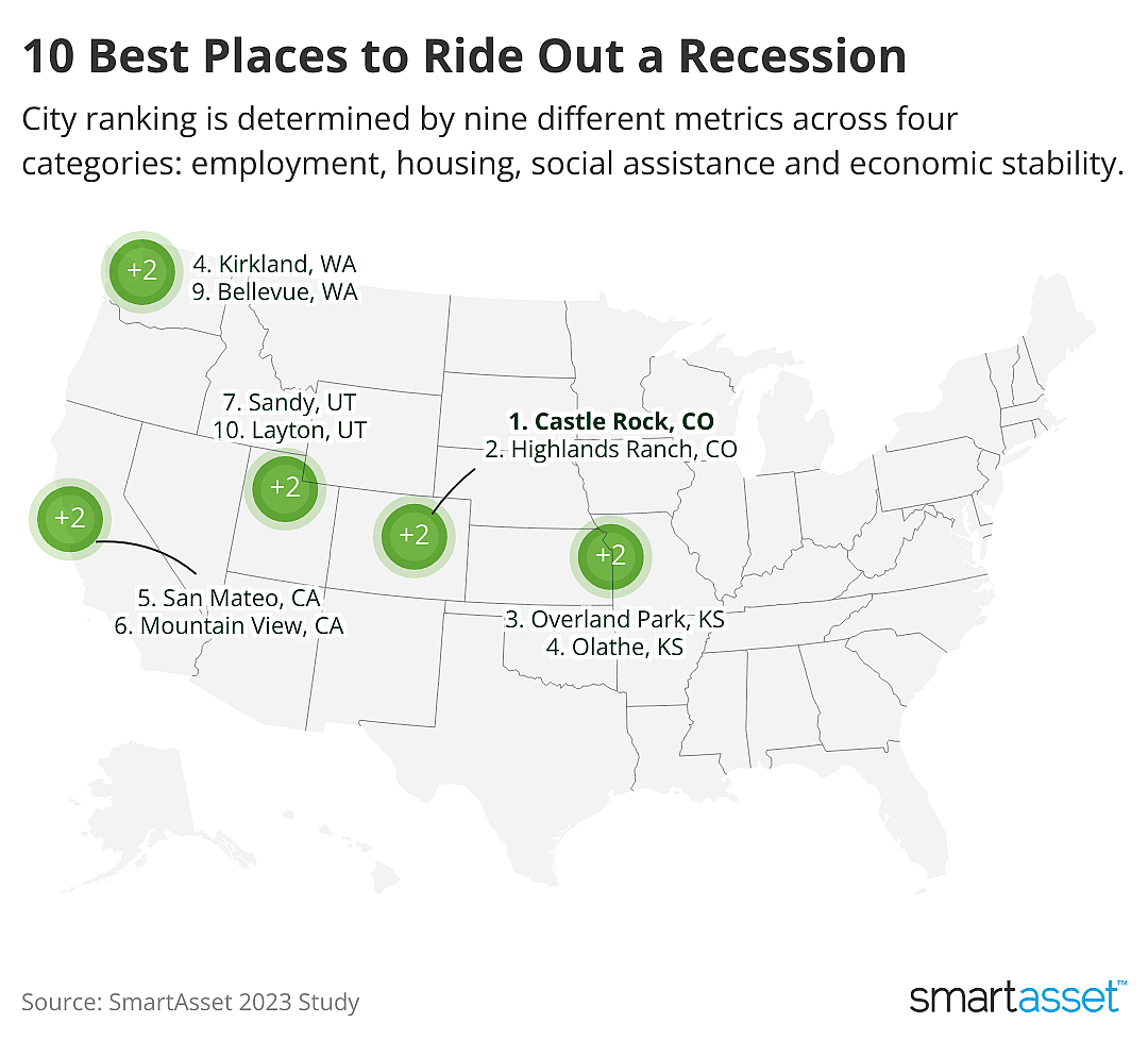 A map of the U.S. showing the locations of the 10 best places to rise out a recession.