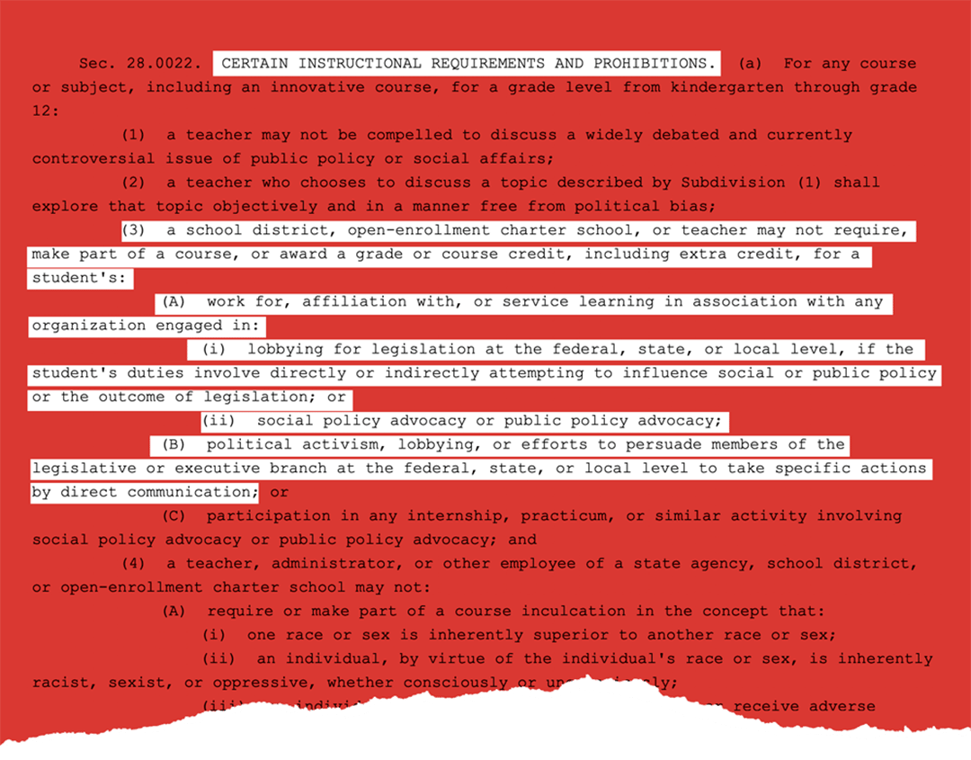 A stylized illustration of a section of Texas state law.