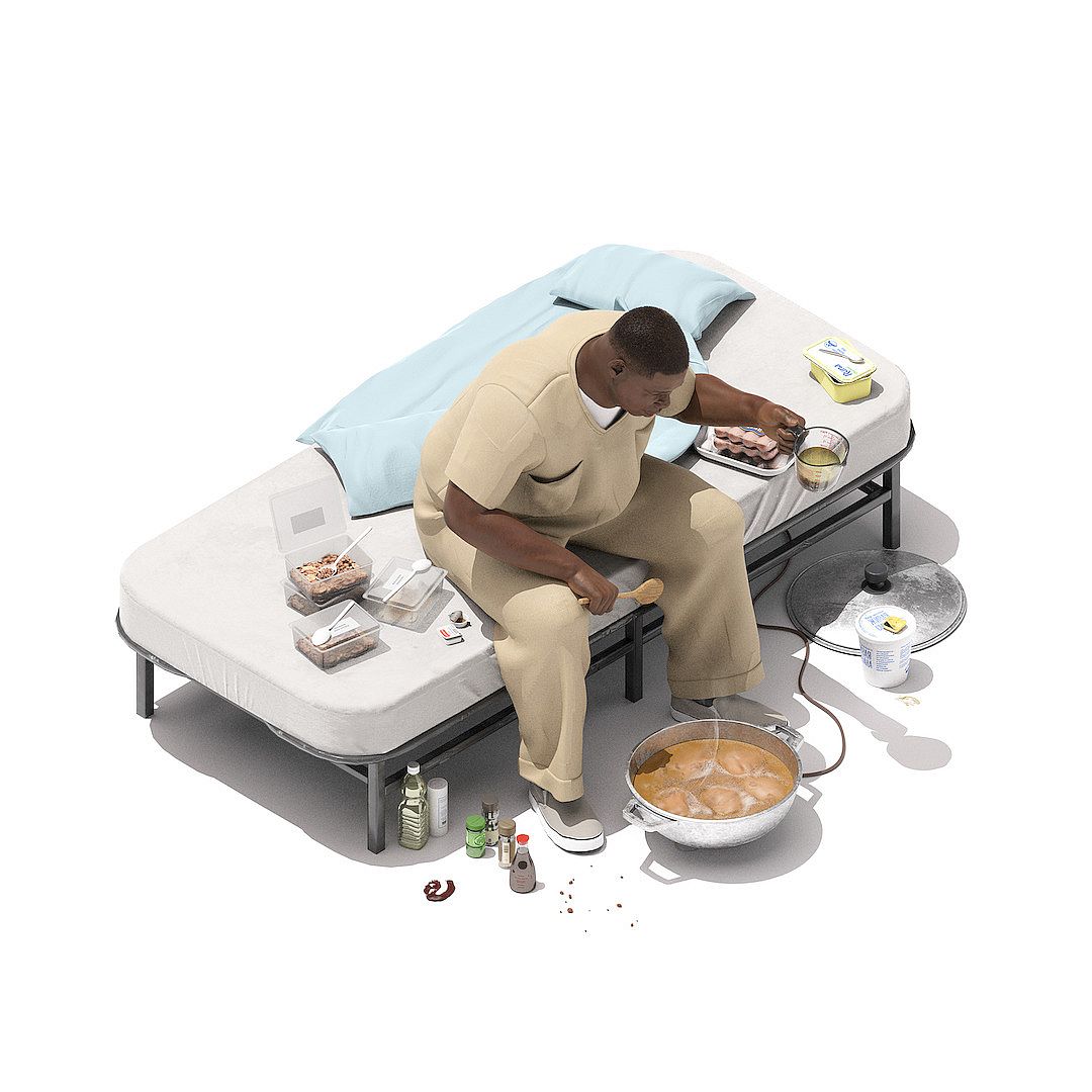 A person sits on a bed, with bags and plastic containers around, mixing items into a metal bowl on the floor.