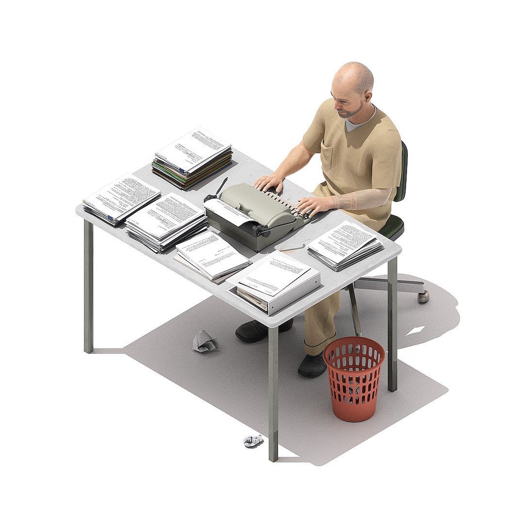 A person sits at a desk with a typewriter and various piles of paper around.