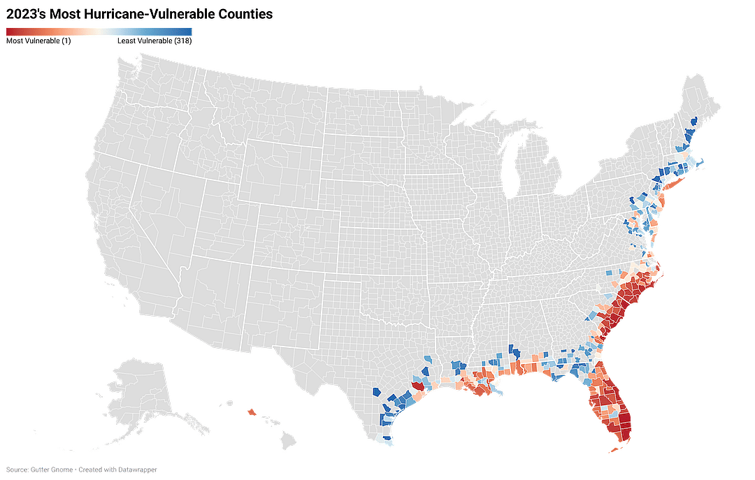 A map of the U.S. with counties on the Atlantic and Gulf coasts, and one in Hawaii, filled in with colors according to their relative vulnerability to hurricanes.