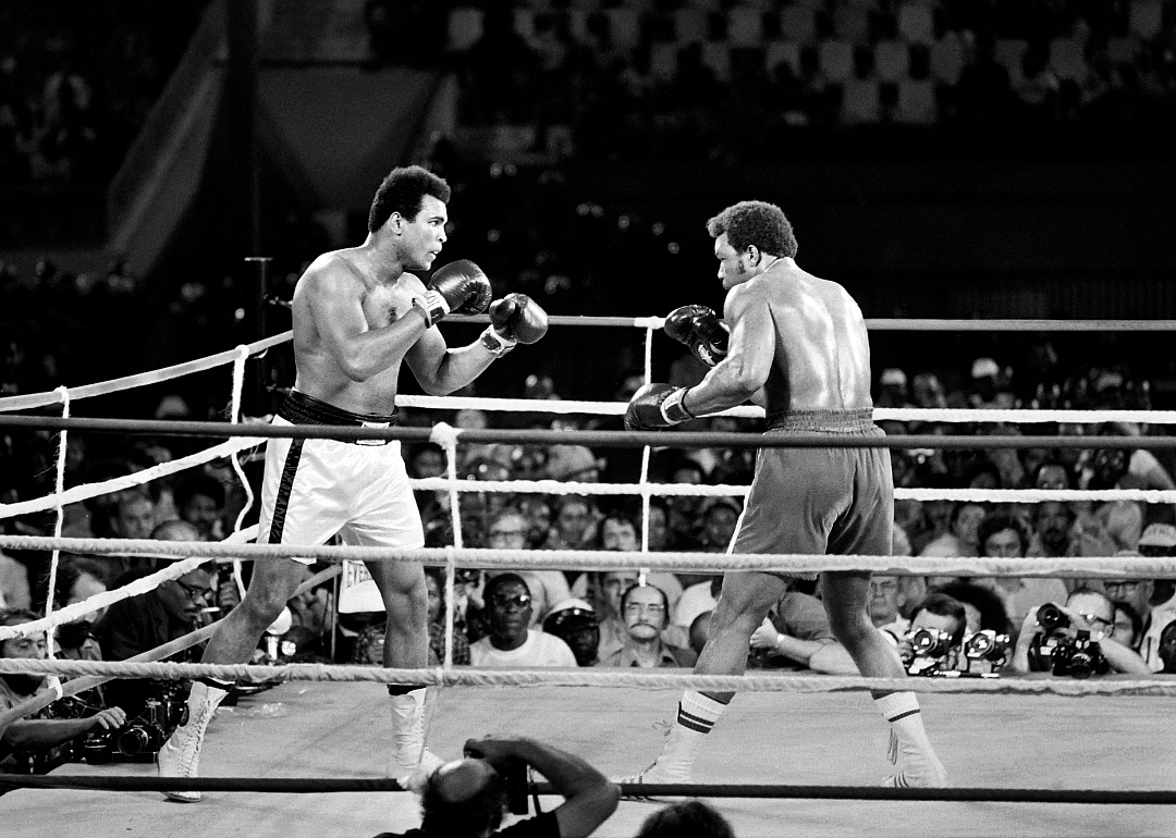 Muhammad Ali and George Foreman fight on October 30, 1974 in Kinshasa, Zaire during their world heavyweight championship match.