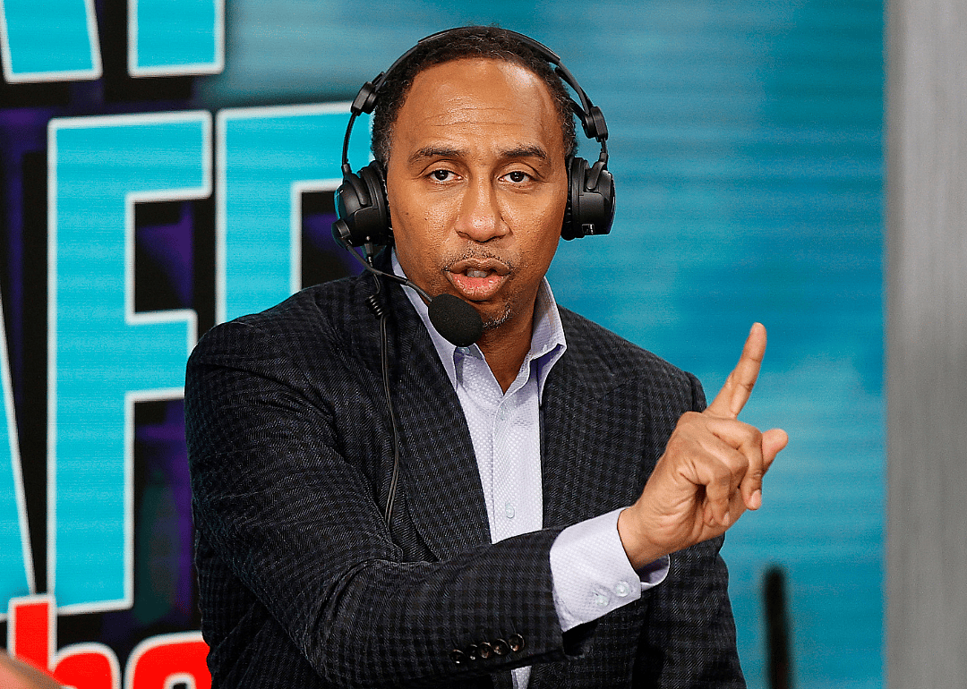 Stephen A. Smith speaks on radio row ahead of Super Bowl LVII.