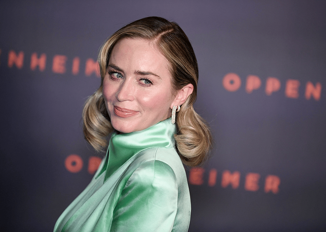 British actress Emily Blunt poses upon her arrival for the "Premiere" of the movie "Oppenheimer" at the Grand Rex cinema in Paris on July 11, 2023.
