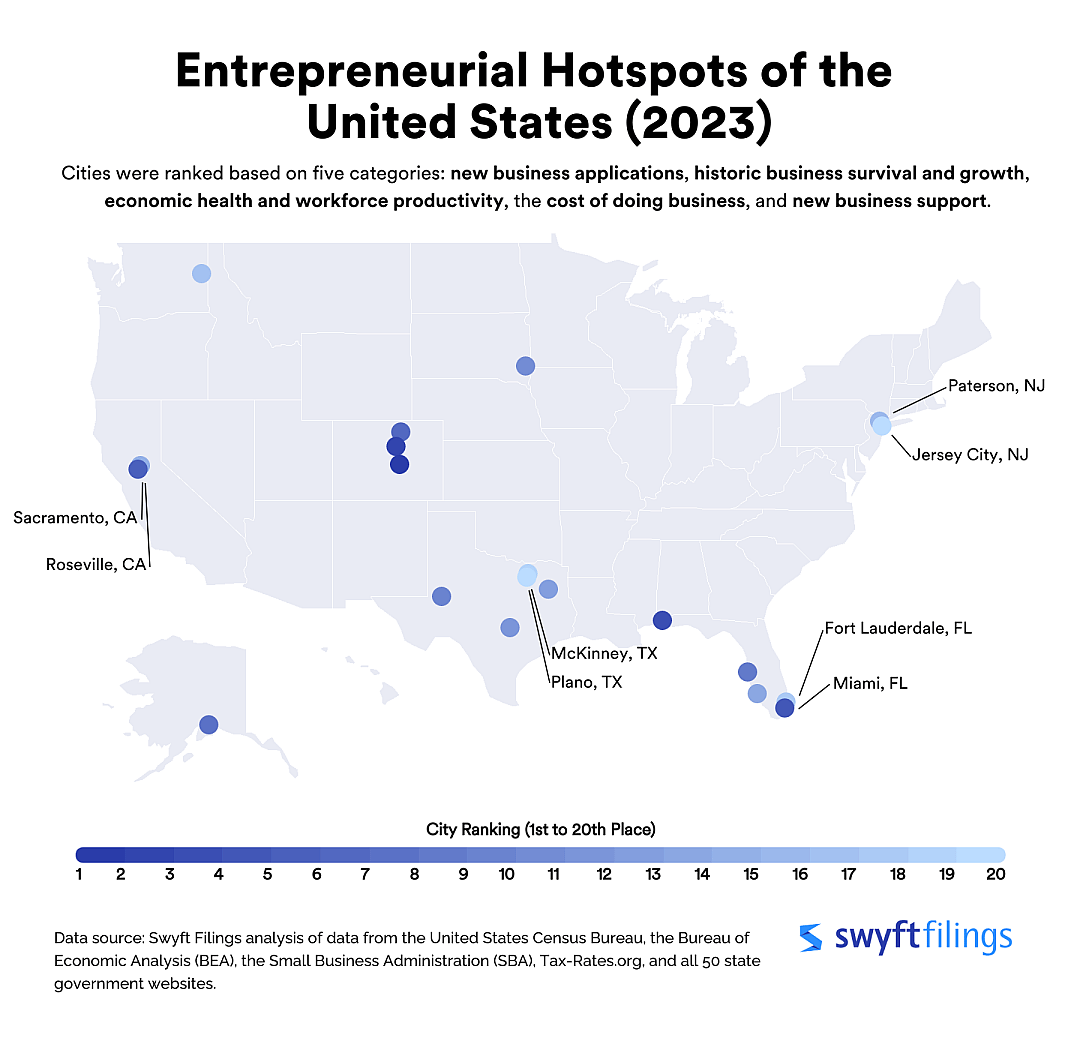 A map of the U.S. showing top hotspots for entrepreneurship in 2023.